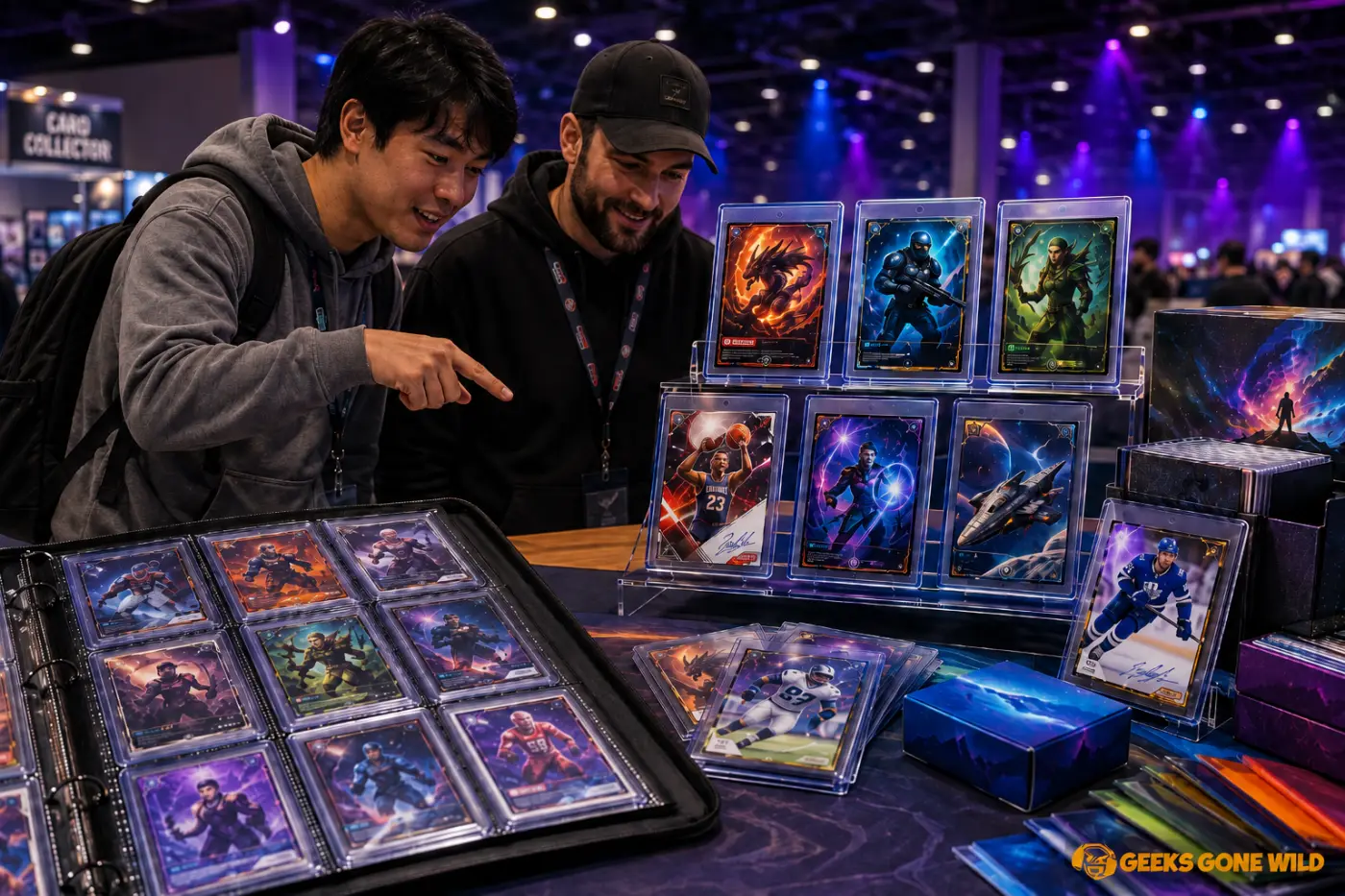 To besøgende kigger på samlekort i mapper og montrer ved et bord i Cardshow