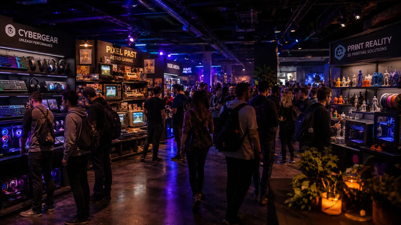 Besøgende der går rundt mellem stande i expo-området og kigger på udstillernes produkter